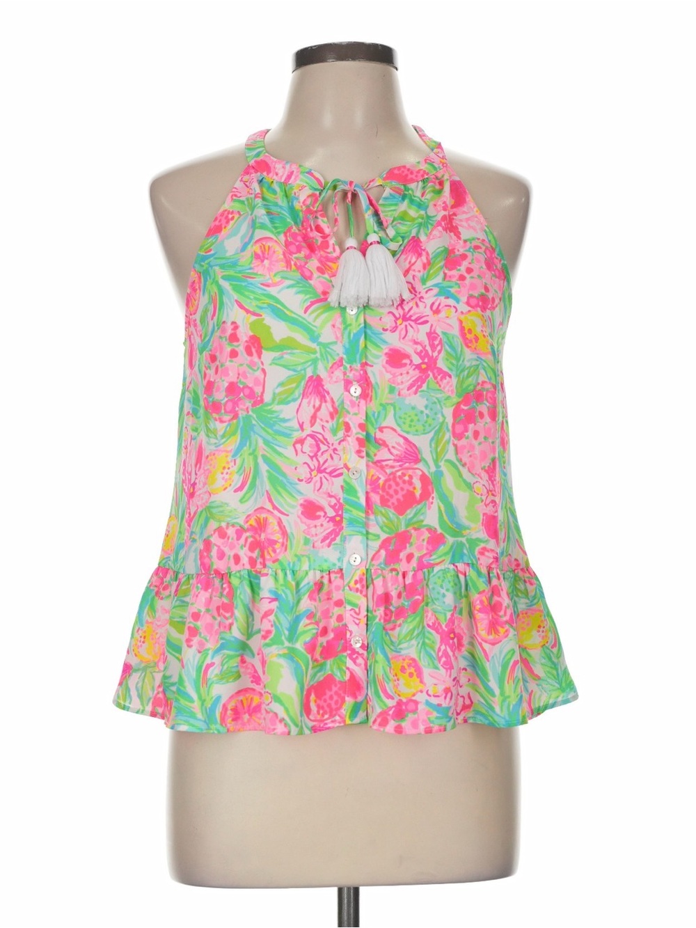 Lilly Pulitzer Pink and Green Floral Halter Tassel Camisole EUC